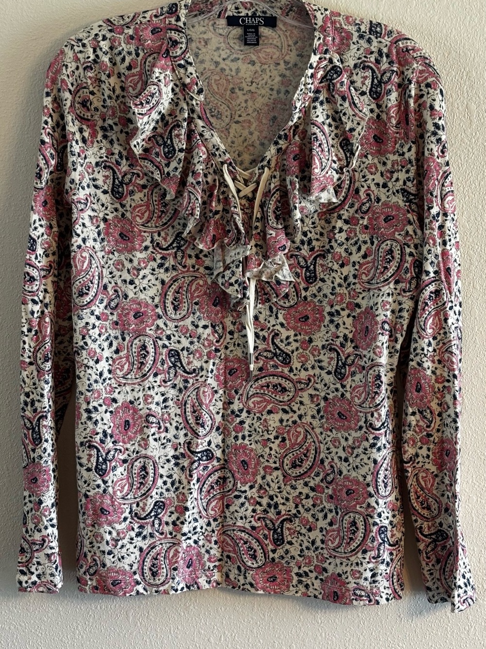 Women’s Chaps Pink and Navy Paisley Ruffle-Tie Long Sleeve Shirt Size L
